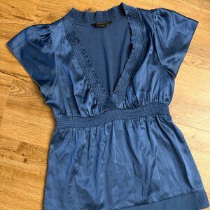 BCBG Max Azria Navy Silk Smocked Top